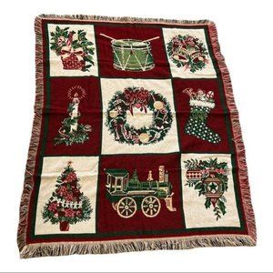 VTG CROWN CRAFTS 45x56" Fringed Christmas Throw Holiday Blanket Woven Red Green